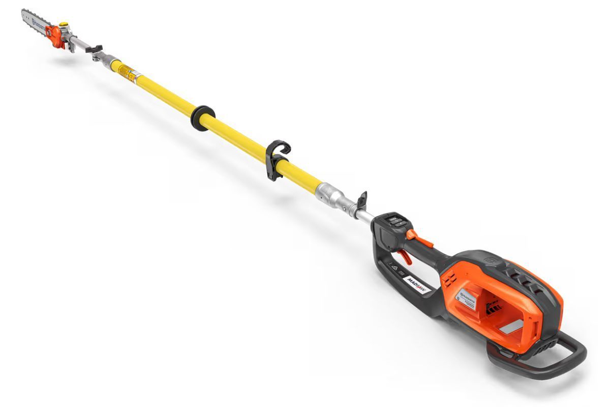 Yellow and black pole saw extended; orange battery housing.