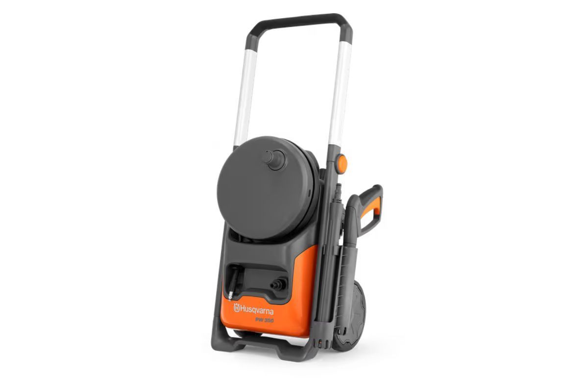 Orange and gray pressure washer with handle extended.