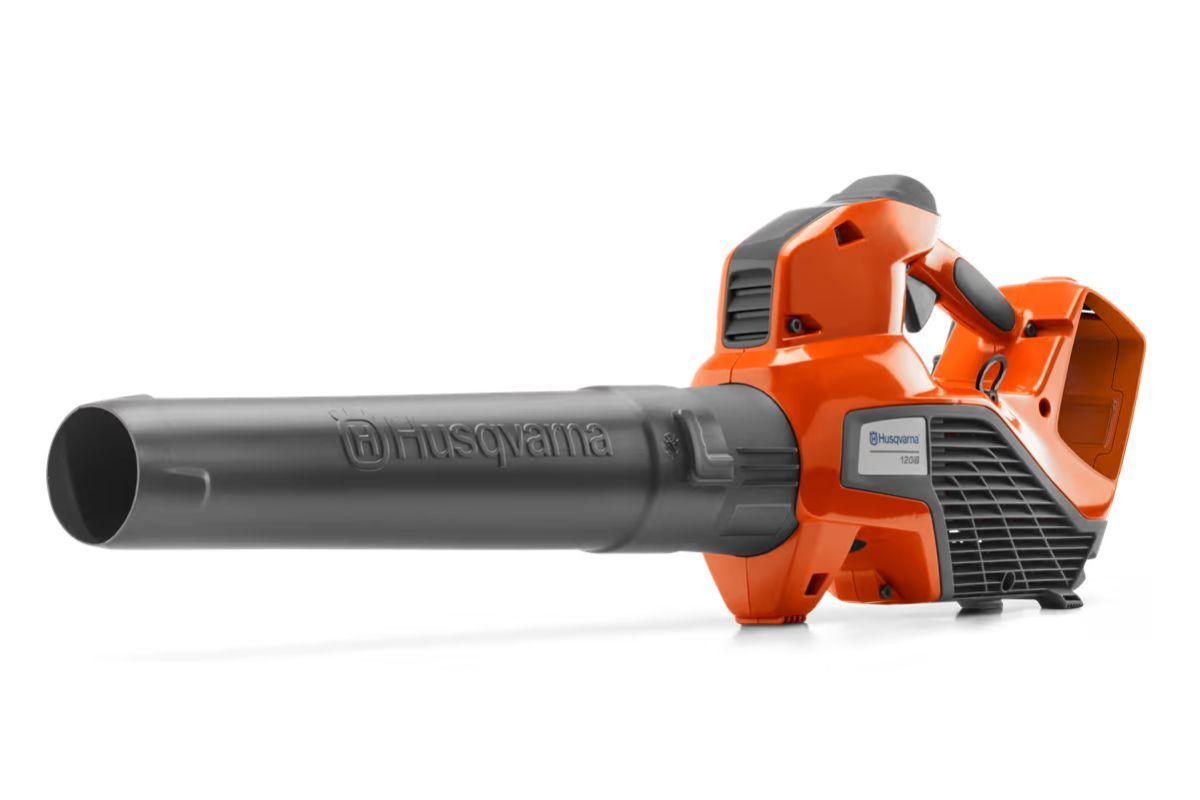 Orange and black Husqvarna handheld leaf blower on a white background.