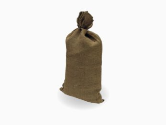 A filled treated burlap sandbag, tied and closed.