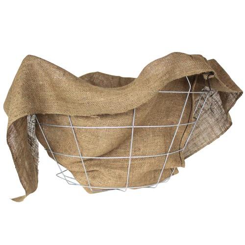 A burlap covering over a wire basket frame.
