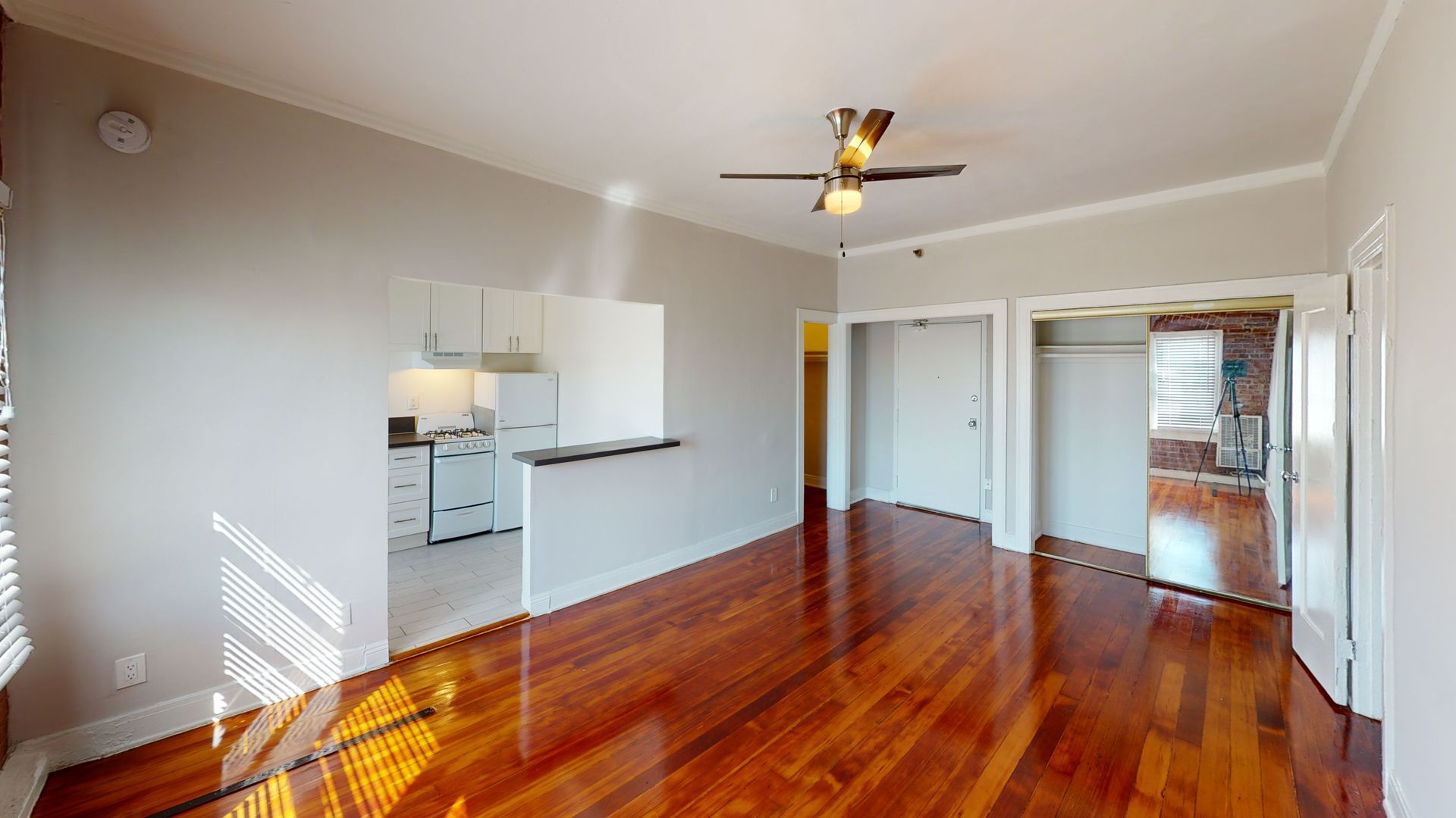 Empty apartment interior with wood floors, kitchen, and doorways; lit by natural light.
