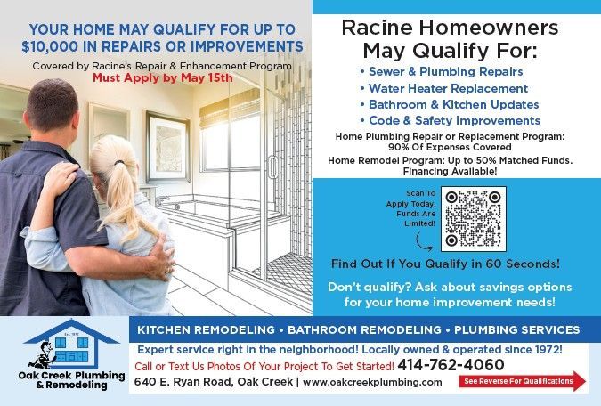 A flyer for Oak Creek Plumbing & Remodeling about a Racine home repair program, featuring contact details and a QR code.