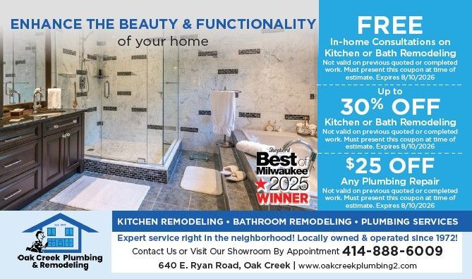 Ad for Oak Creek Plumbing & Remodeling showing a kitchen, list of discounts, phone number, and address.