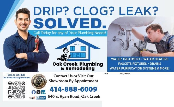 Plumbing advertisement for Oak Creek Plumbing & Remodeling with contact info, services list, and a QR code to book.