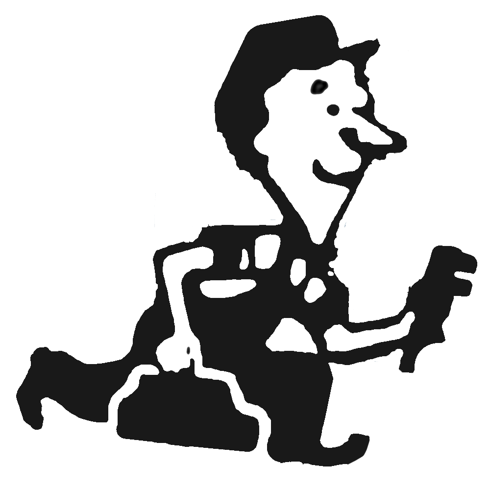 A drawing of a man running with a toolbox