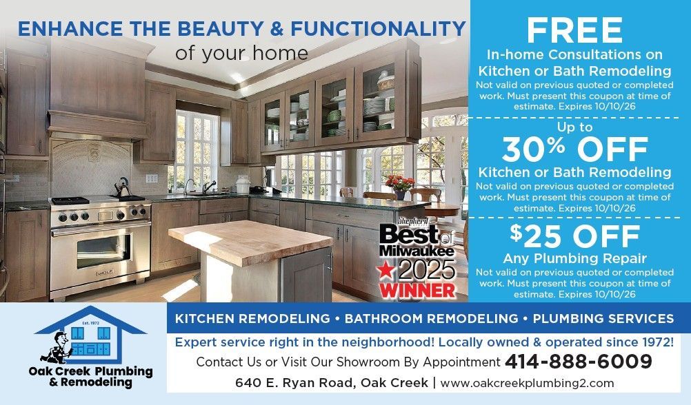 Ad for Oak Creek Plumbing & Remodeling showing a kitchen, list of discounts, phone number, and address.