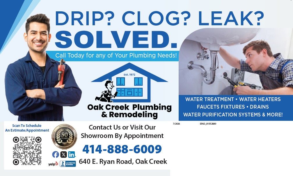 Plumbing advertisement for Oak Creek Plumbing & Remodeling with contact info, services list, and a QR code to book.