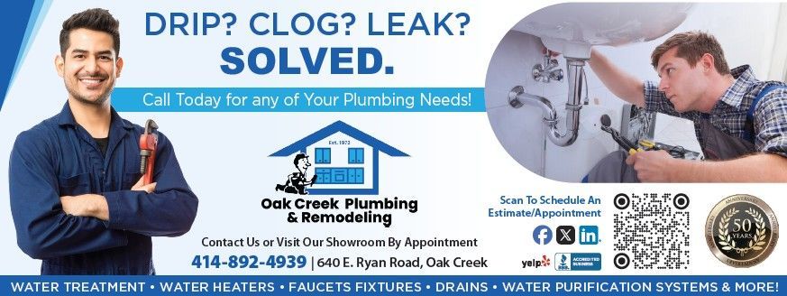 Plumbing advertisement for Oak Creek Plumbing & Remodeling with contact info, services list, and a QR code to book.