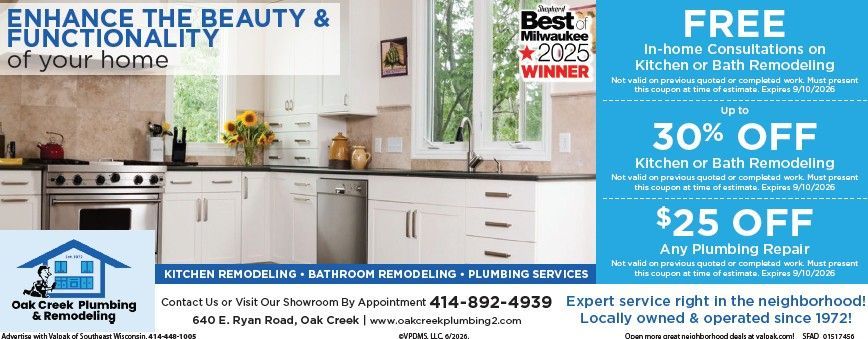 Ad for Oak Creek Plumbing & Remodeling showing a kitchen, list of discounts, phone number, and address.