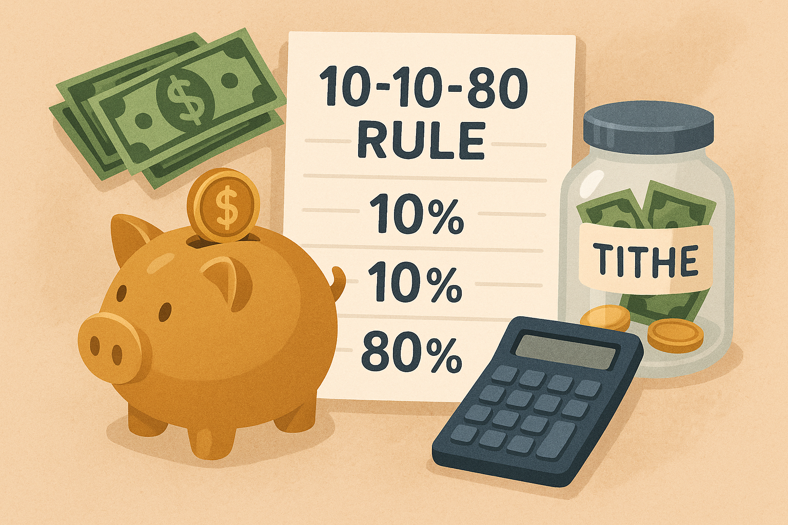 10–10–80 Rule infographic with Bible, coins, and calculator: give 10%, save/invest 10%, live on 80%