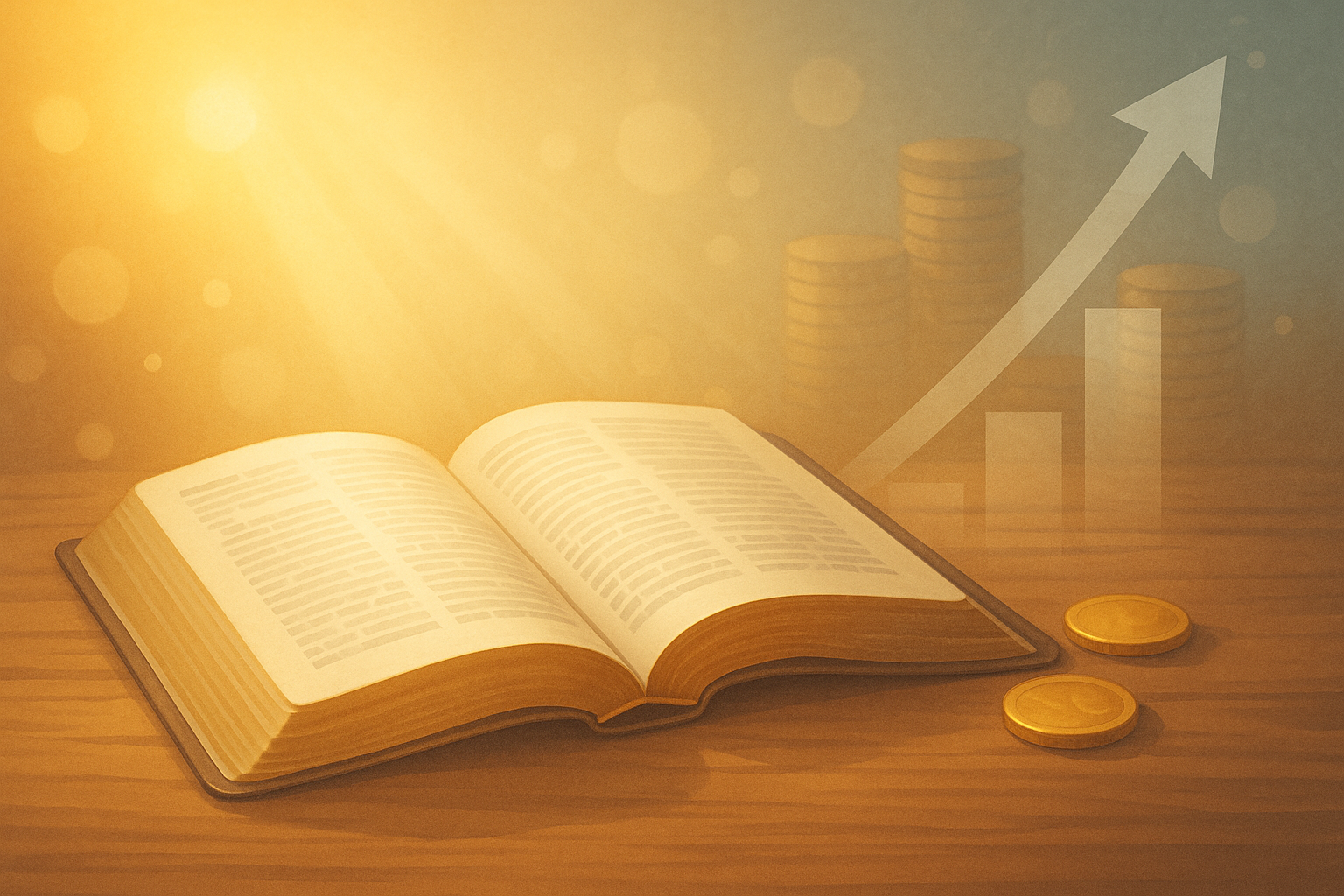 Open Bible resting on a wood table with sunlight shining on its pages, representing financial wisdom