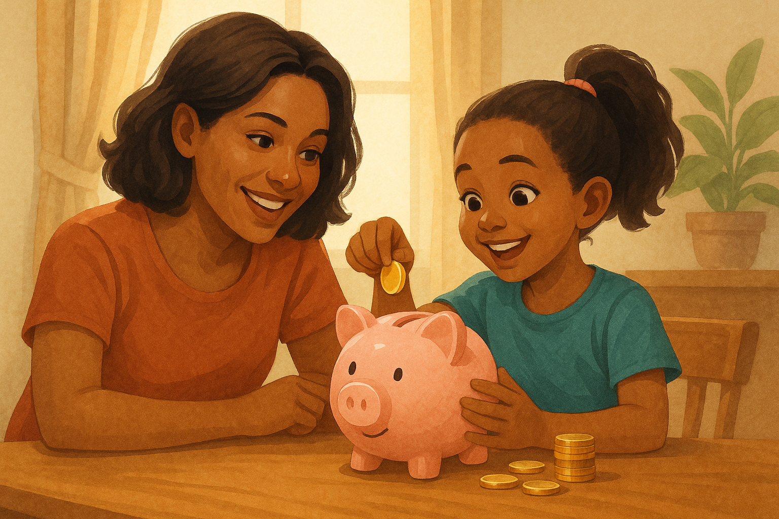 Mother and daughter putting coins in a piggy bank – faith-based money lesson for kids.