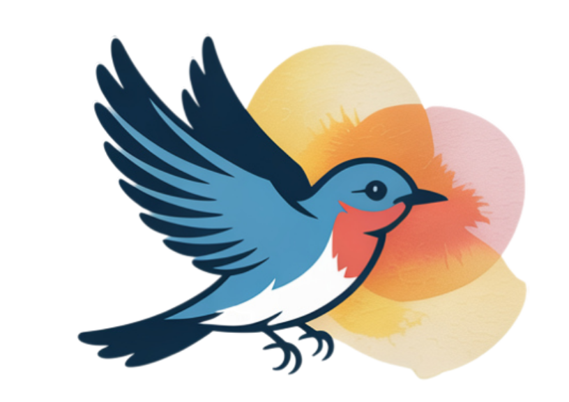 A blue and white bird is flying in front of a flower