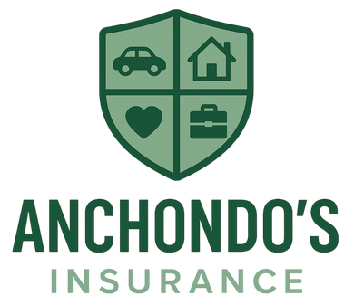 Logo for Anchondo's Insurance featuring a green shield with car, house, heart, and briefcase icons.