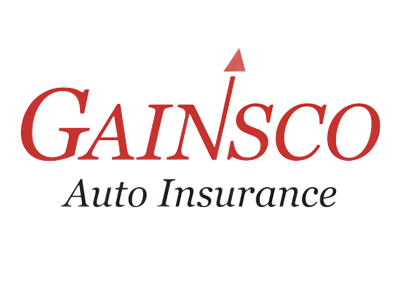 GAINSCO Auto Insurance logo in red and black text with upward arrow.