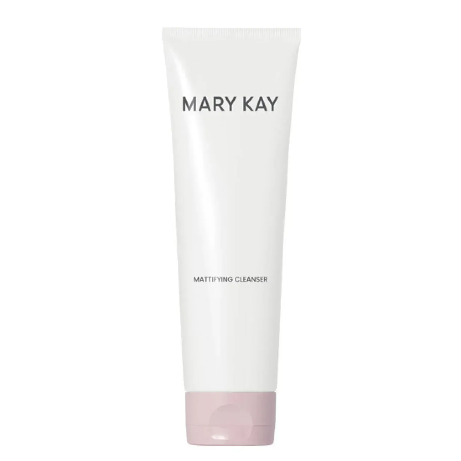 Tubo de gel de ducha Mary Kay, blanco con tapa rosa pálido, sobre un fondo liso.