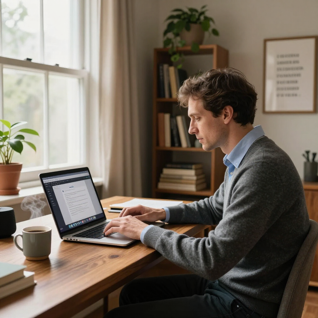 A person in a gray sweater sits at a wooden desk by a window, typing on a laptop with a cup of coffee nearby.