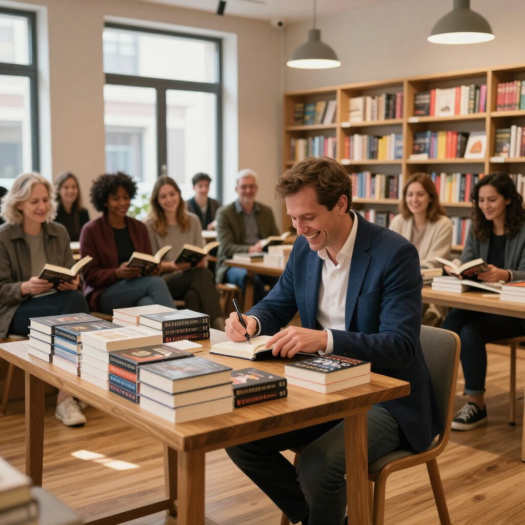 A smiling author sits at a wooden table in a bookstore, signing books for a small group of attentive readers.