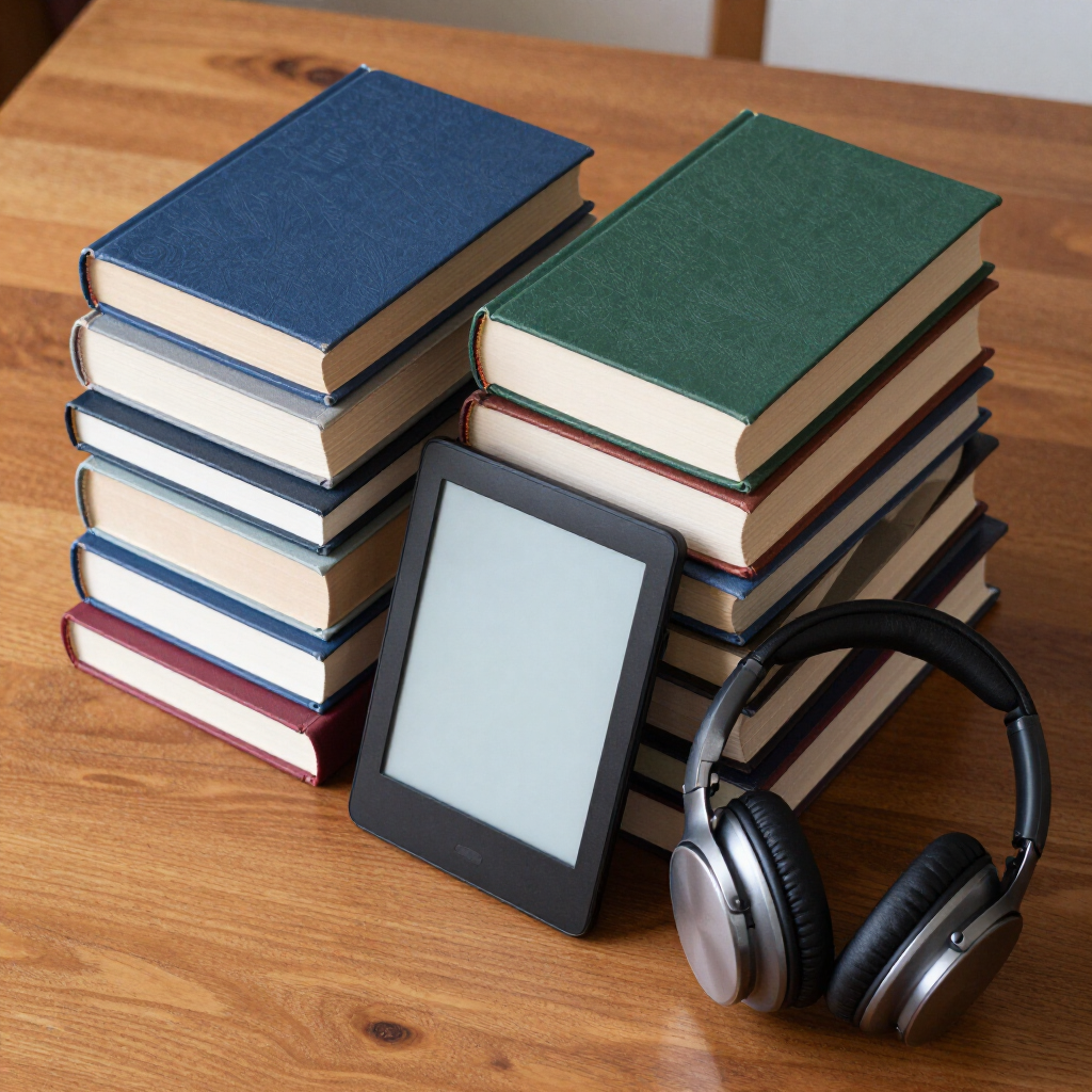 Two stacks of books, an e-reader, and a pair of headphones arranged on a wooden table.