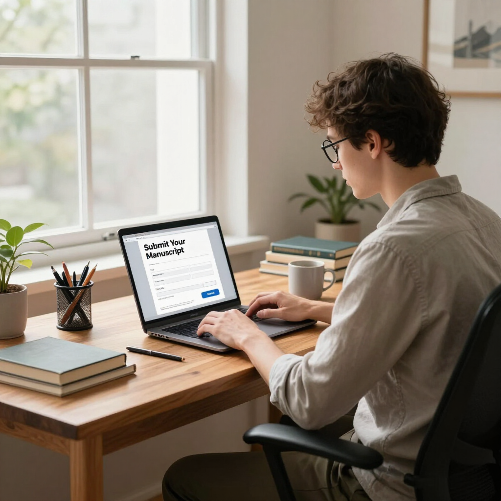 A person wearing glasses works on a laptop at a sunlit wooden desk next to a window with books and a small potted plant.