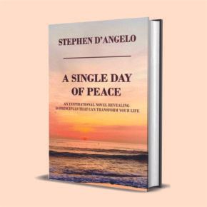 Book cover for “A Single Day of Peace” by Stephen D’Angelo, showing a sunset over calm ocean waves.