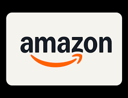 The Amazon logo in black text with a curved orange arrow underneath, centered on a light beige rectangle.