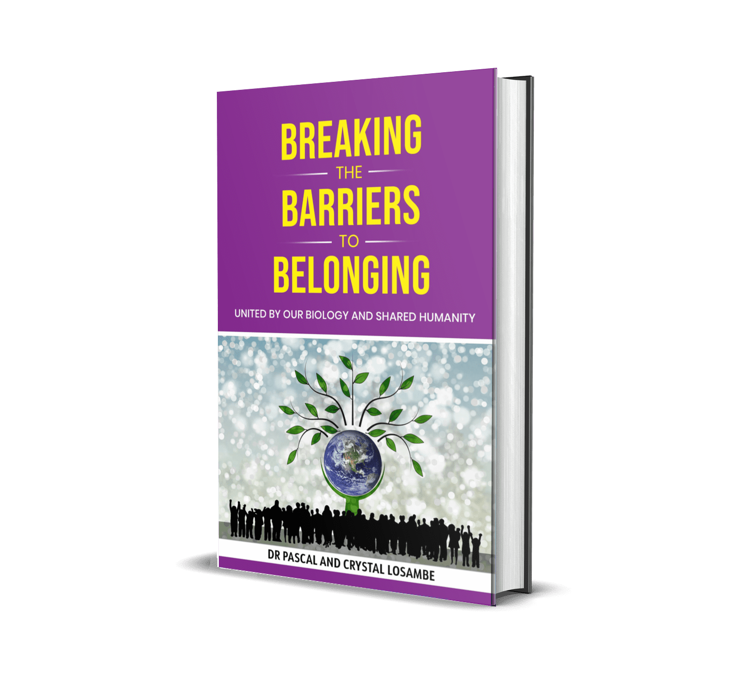 Book cover titled “Breaking the Barriers to Belonging” in purple and white with a city skyline and tree graphic