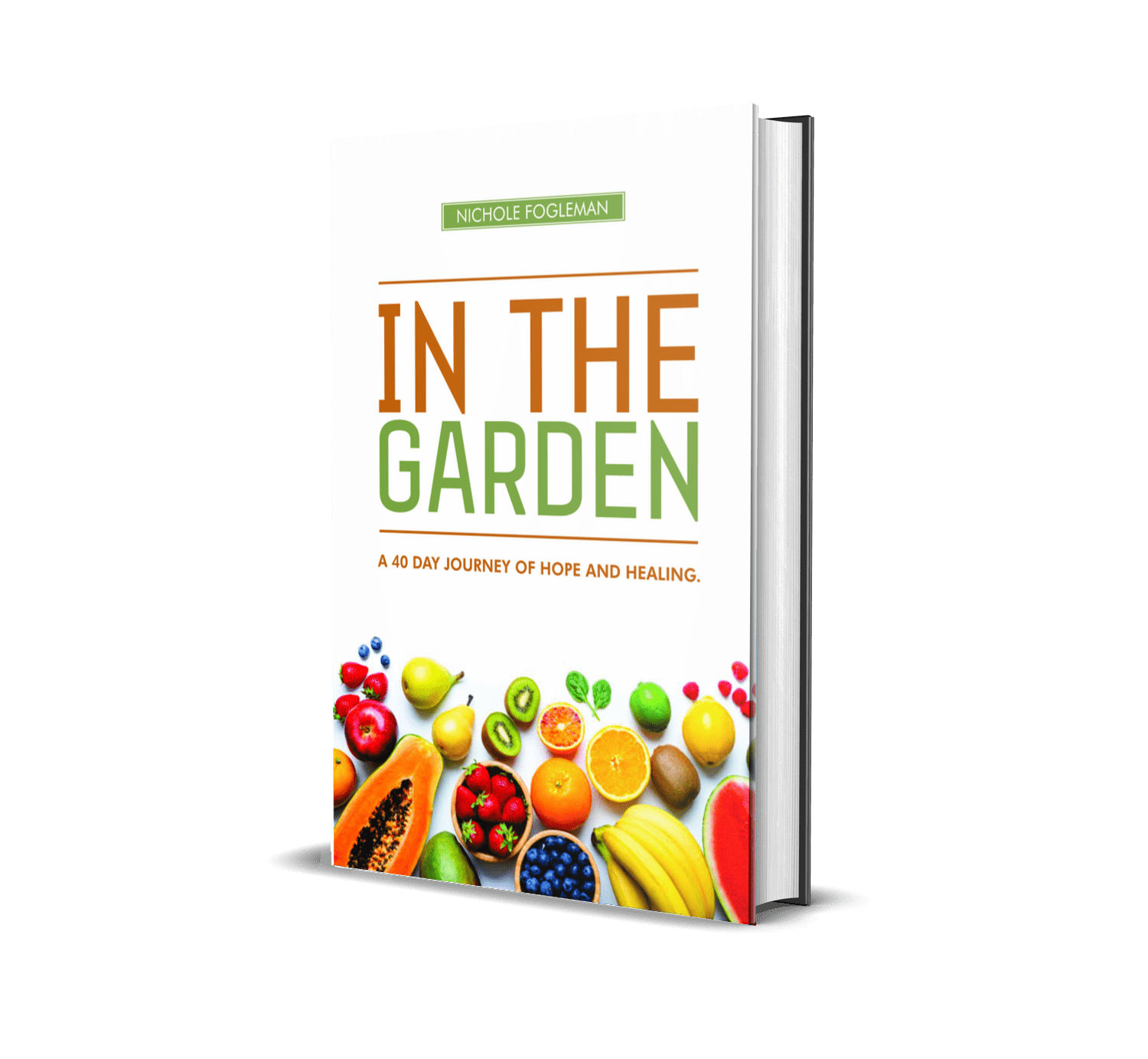 Book cover titled “In the Garden” with colorful fruits and vegetables at the bottom on a white background