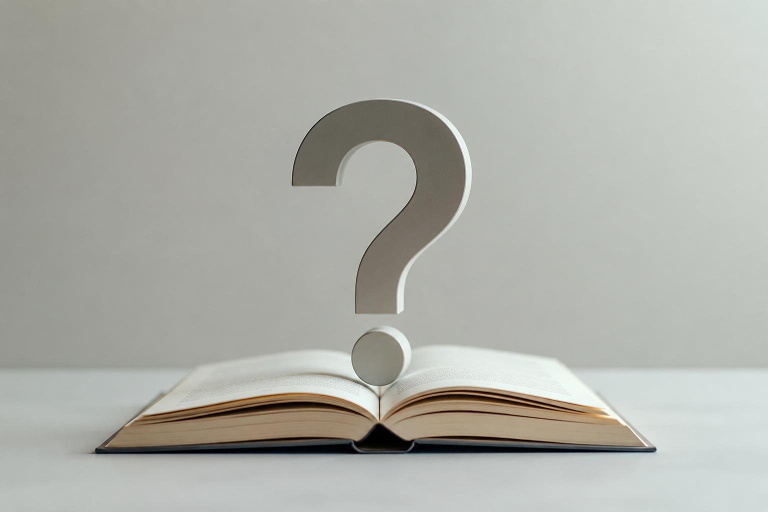 Open book with a large question mark above it on a plain background