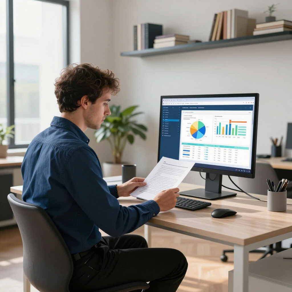 A professional working at a desk, reviewing a document while looking at a computer screen displaying data charts.