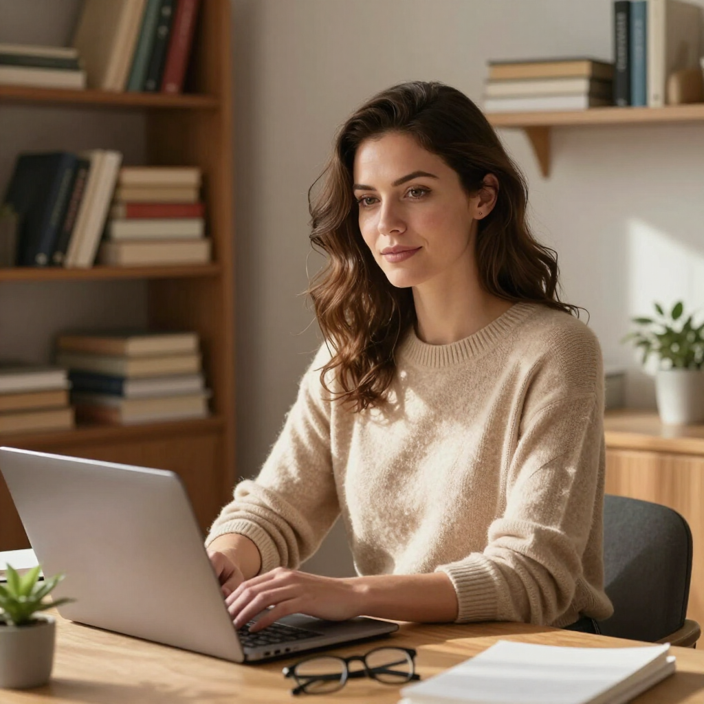A person in a beige sweater typing on a laptop at a wooden desk with books in the background.