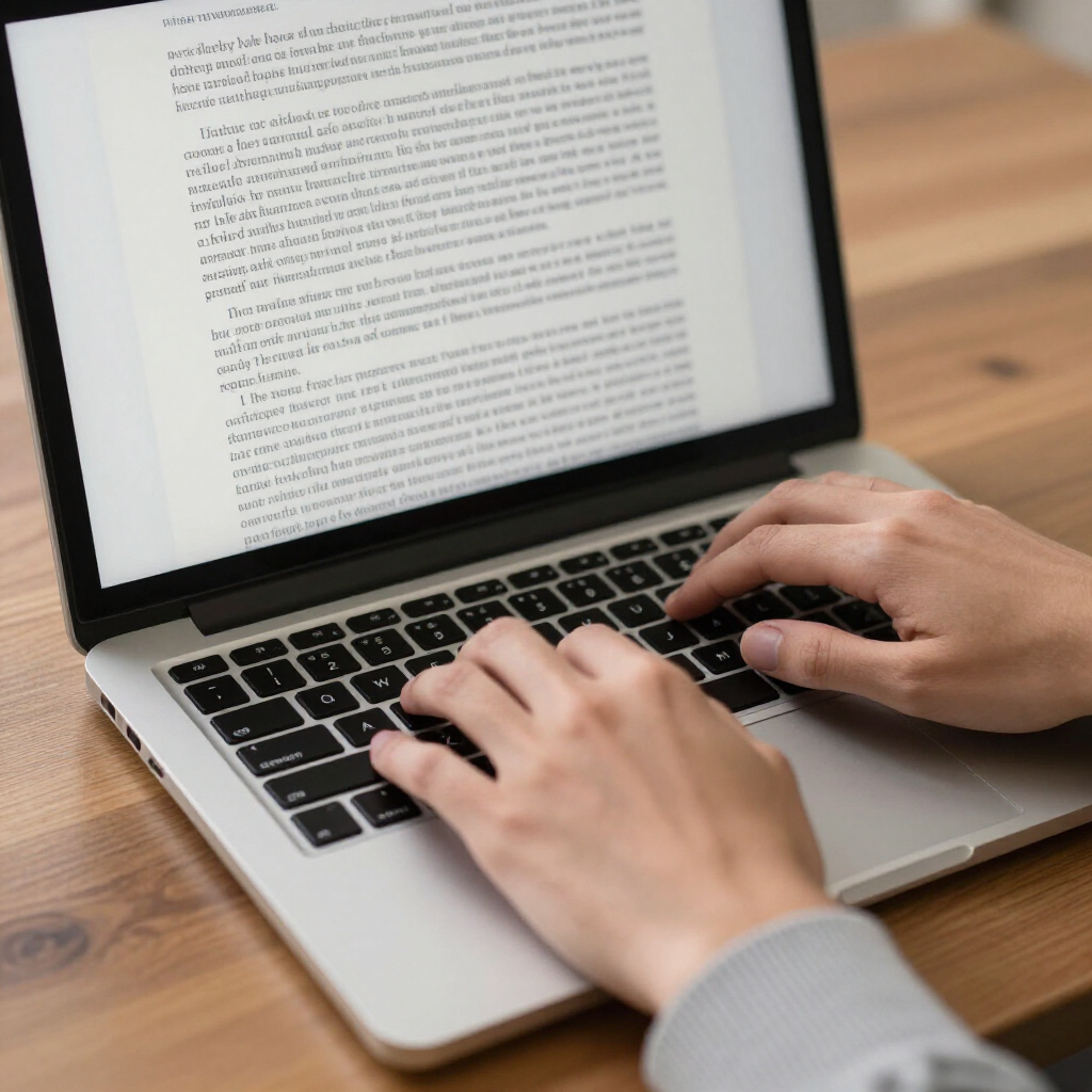 Close-up of hands typing on a laptop computer displaying text on a wooden surface.