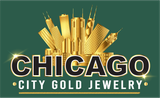 Chicago City Gold Jewelry logo: gold Chicago skyline over text on a green background.