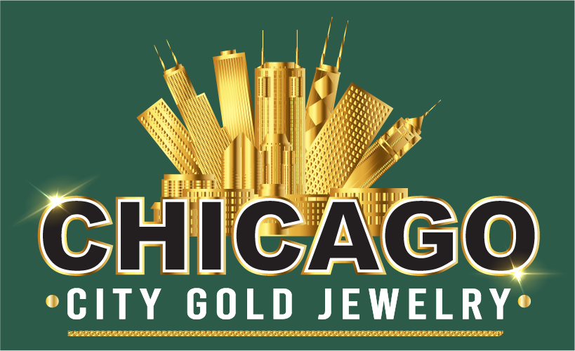 Logo for Chicago City Gold Jewelry; gold skyline on green background.