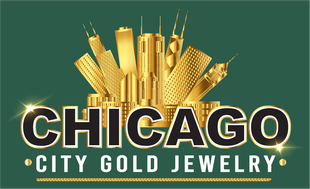 Chicago City Gold Jewelry logo: gold Chicago skyline over text on a green background.
