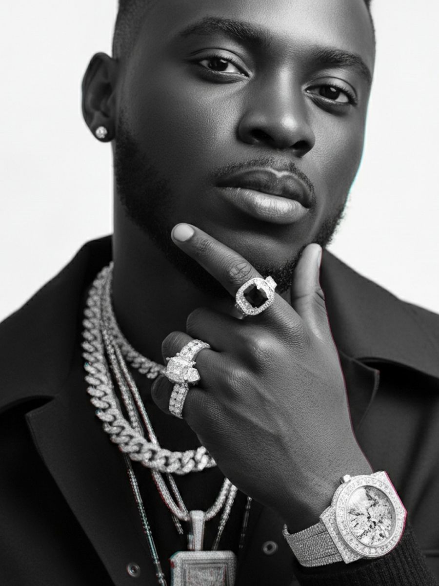Man in grayscale, wearing jewelry. He rests finger on chin, gazing forward.