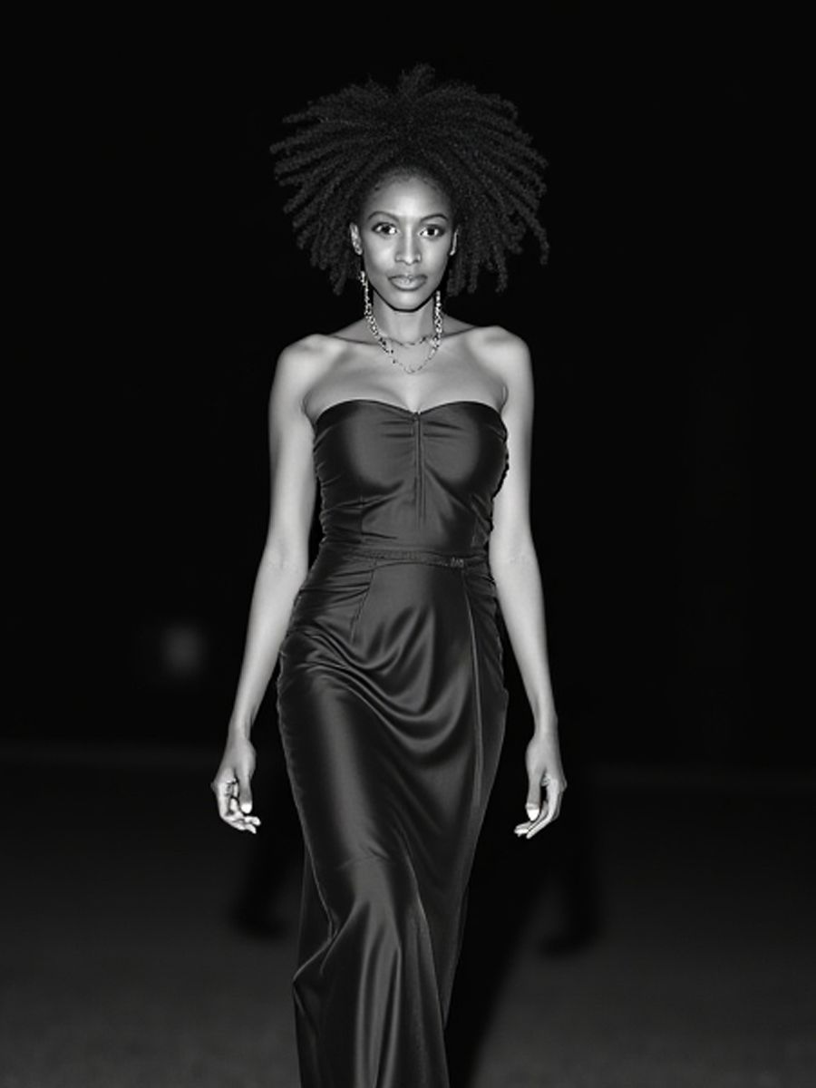 Woman in a strapless black gown, walking down a runway. Black and white photo.