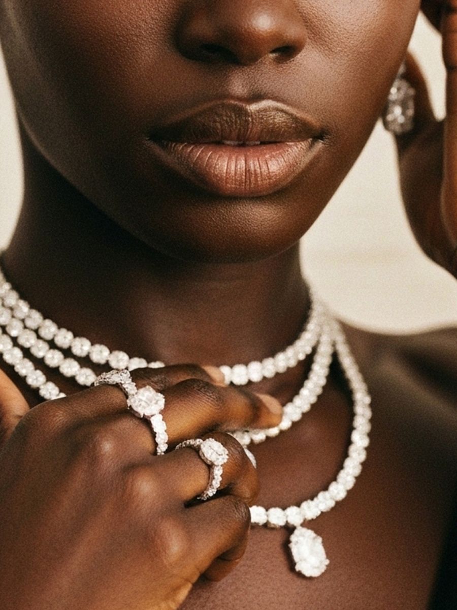 Close-up of a Black woman wearing diamond jewelry; necklace, earrings and rings.