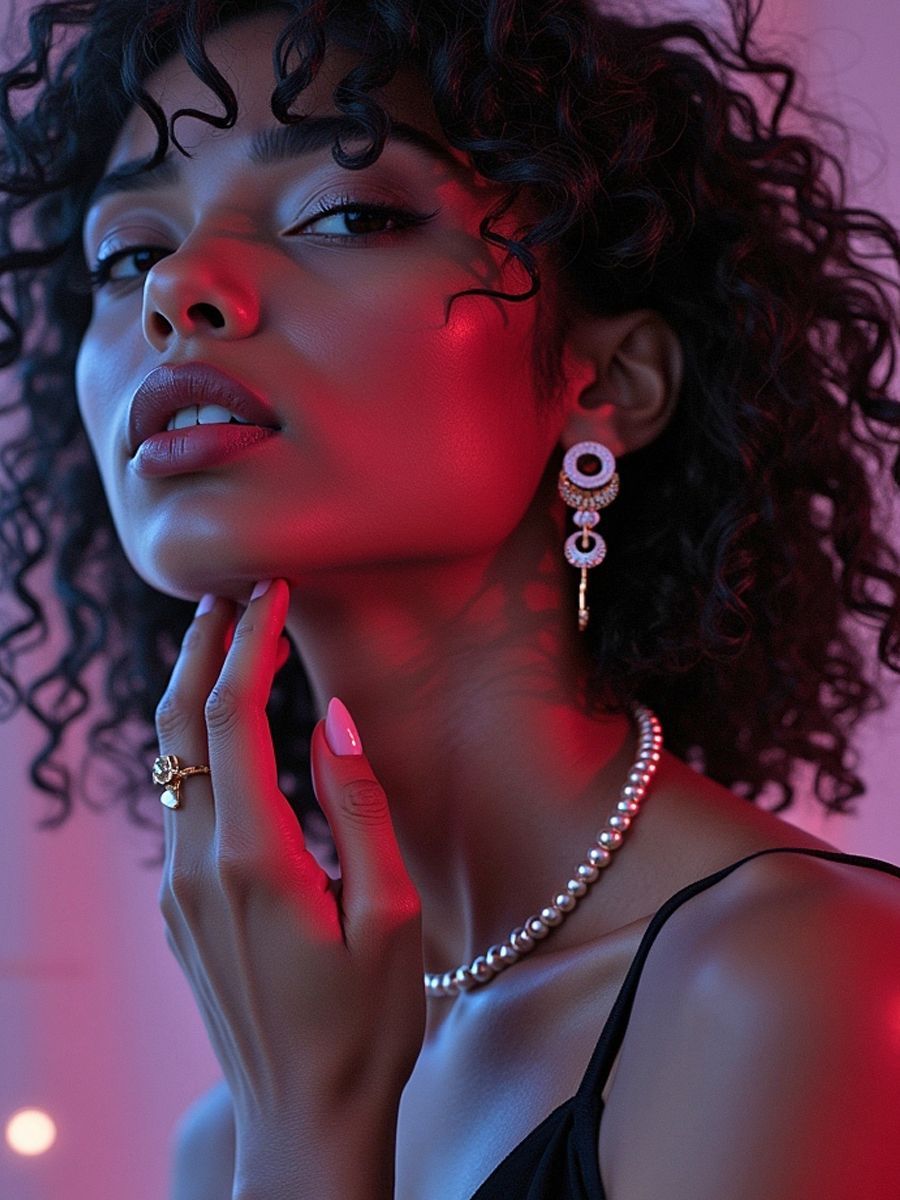 Woman with curly hair, wearing jewelry, touching her neck; lit by red and blue light.