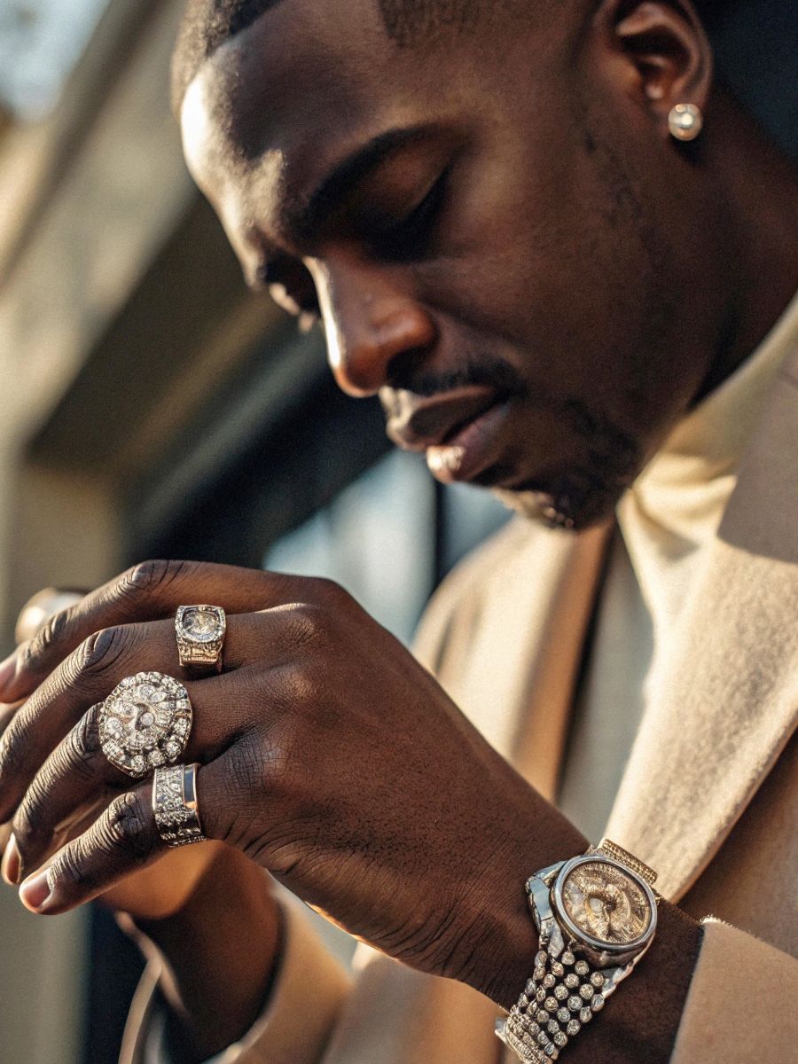 Man with multiple diamond rings and watch, gazing down. Beige coat, gold jewelry, outdoor setting.