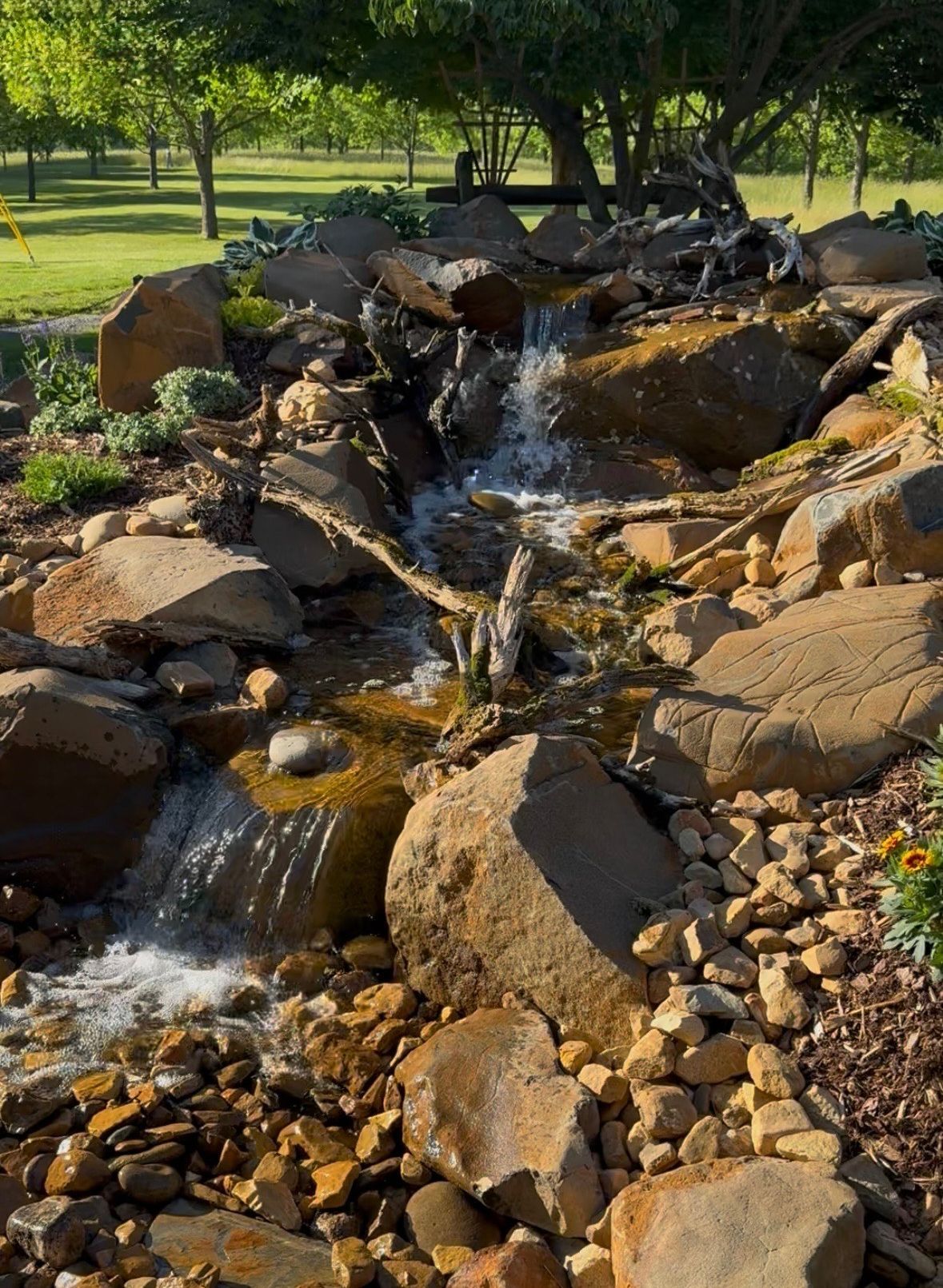 Water cascading over rocks in a small stream, with green trees and grass in the background.