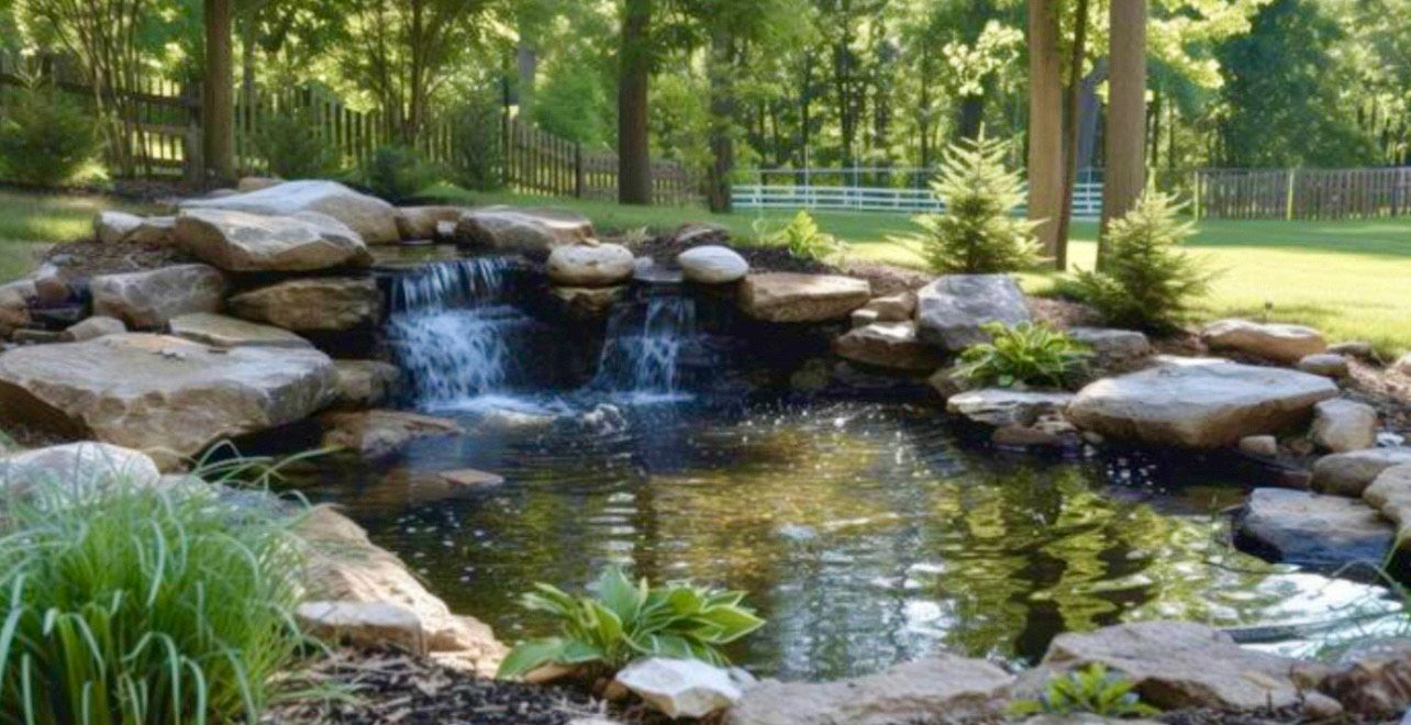 Waterfall cascading over rocks, surrounded by greenery, in a sunny outdoor setting.