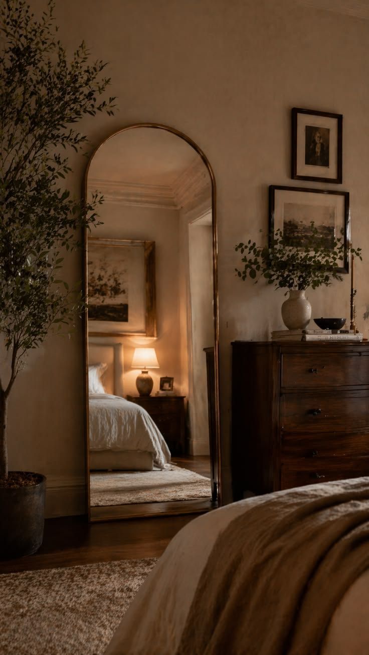 Cozy room with a tall arched mirror, picture frames, and a houseplant tree