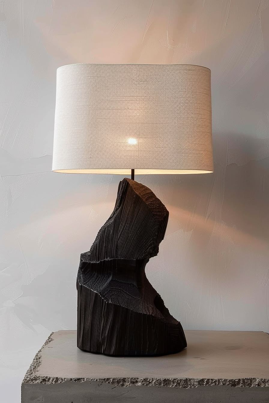 Close up image of a rustic black and linen lamp