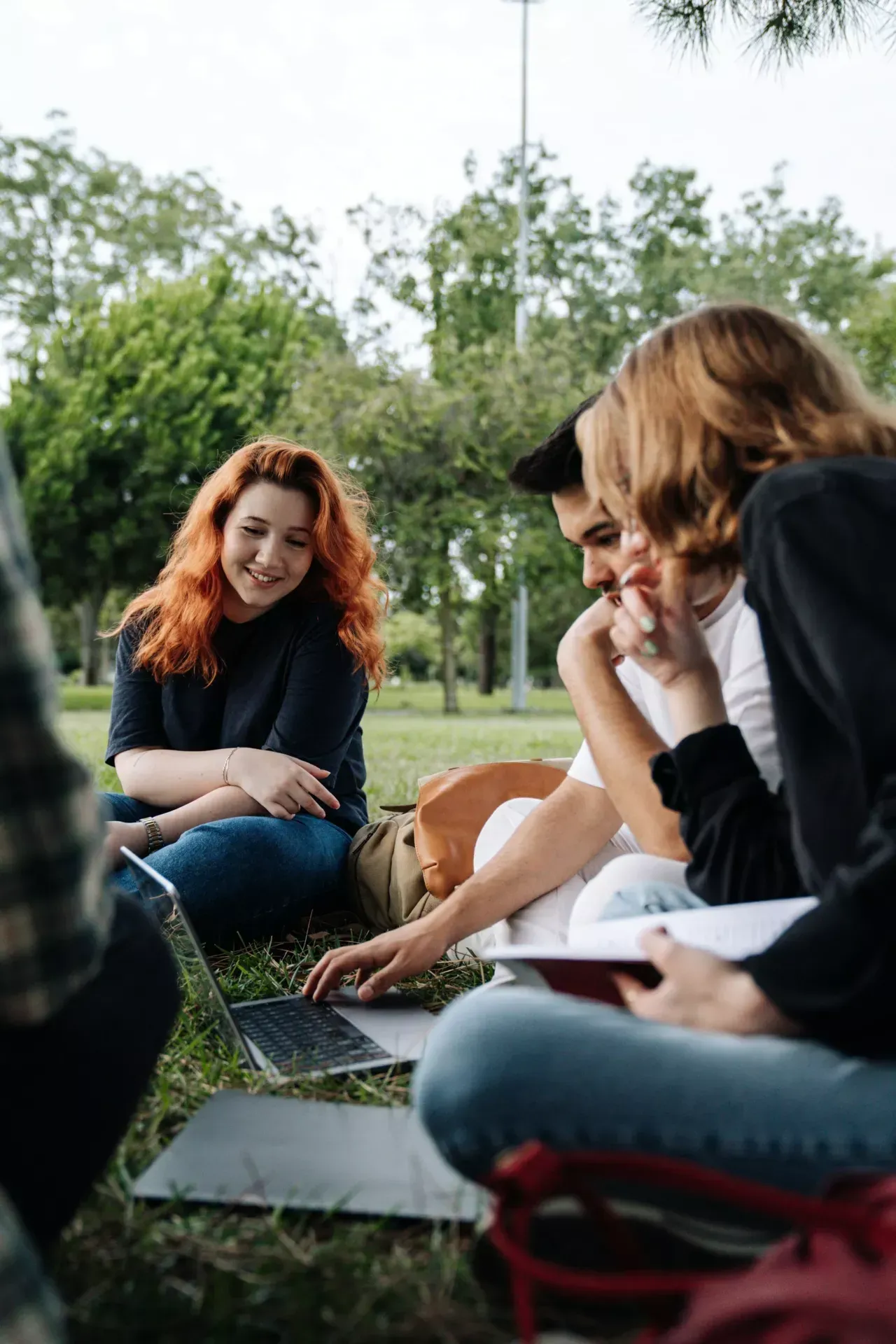 A group of people are sitting on the grass with laptops.
