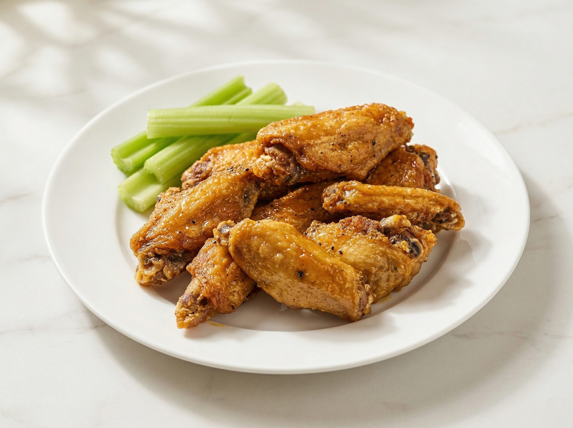A plate of golden-brown fried chicken wings served with several stalks of celery on a white surface.