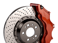 A high-performance vented brake disc with a red caliper on a white background. | Waggener Brake and Auto Repair