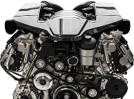 A high-angle, close-up studio shot of a modern, chrome-covered V8 automotive engine with belts and pulleys visible. | Waggener Brake and Auto Repair