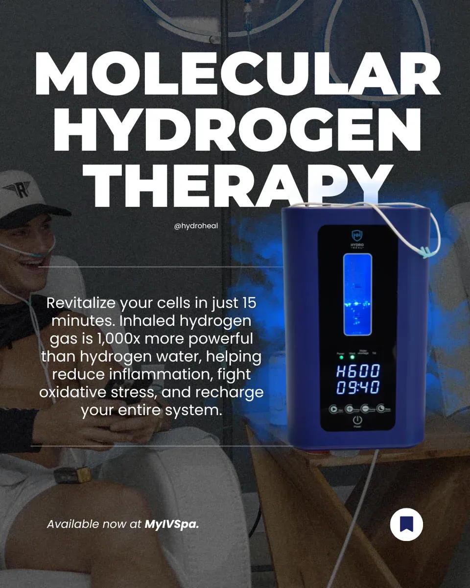 Man using molecular hydrogen therapy machine, blue device with display, text claims benefits.